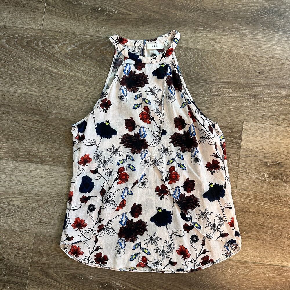 A.L.C. 100% Silk Floral High Neck Halter Top Cross Overlay Cami Blouse Size 6